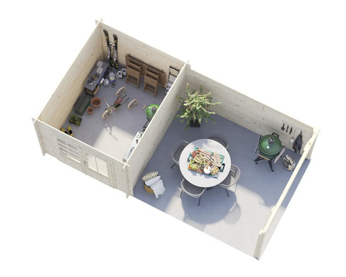 Interiör av ett trädgårdshus med två rum, utrustat med trädgårdsredskap, möbler och grill