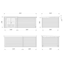 Teknisk ritning av ett trädgårdshus med mått