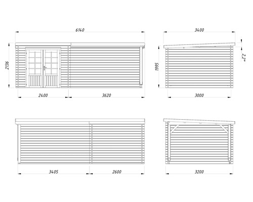Teknisk ritning av ett trädgårdshus med mått