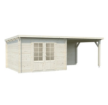 Trädgårdshus i trä med dubbeldörr och tak