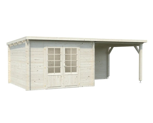 Trädgårdshus i trä med dubbeldörr och tak