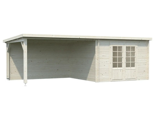 Trädgårdshus i trä med dubbeldörr och täckt veranda