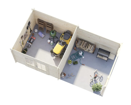 Interiör av ett trädgårdshus med trädgårdsredskap, gräsklippare, grill och trä