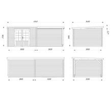 Teknisk ritning av ett trädgårdshus med mått