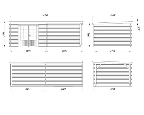 Teknisk ritning av ett trädgårdshus med mått