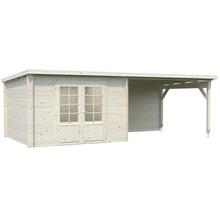 Trädgårdshus i trä med dubbeldörr och tillbyggnad