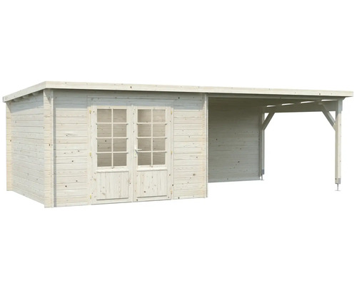 Trädgårdshus i trä med dubbeldörr och tillbyggnad