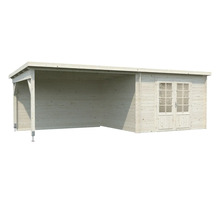 Trädgårdshus i trä med dubbeldörr och carport