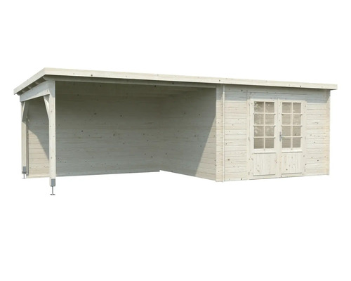 Trädgårdshus i trä med dubbeldörr och carport