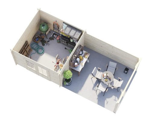 Interiörbild av ett trädgårdshus med grill, trädgårdsredskap och sittgrupp