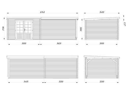 Teknisk ritning av ett trädgårdshus med mått