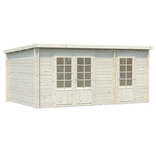 Trädgårdshus i trä med dubbeldörr och enkel dörr