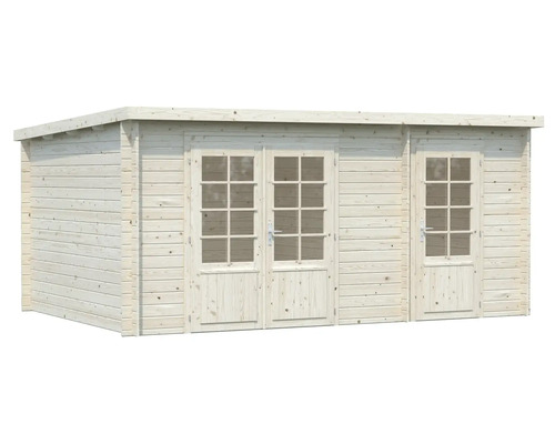 Trädgårdshus i trä med dubbeldörr och enkel dörr