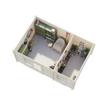 Interiörbild av ett trädgårdshus med möbler och trädgårdsredskap