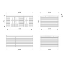 Teknisk ritning av ett trädgårdshus med mått