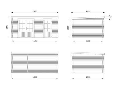 Teknisk ritning av ett trädgårdshus med mått