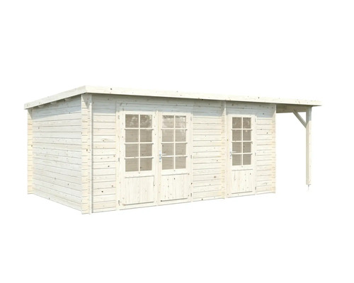 Trädgårdshus i trä med dubbeldörr och tak