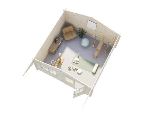 Vy från ovan: Trädgårdshus inrett som gym med utrustning och sittplatser