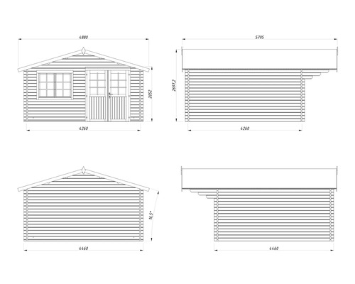 Teknisk ritning av ett trädgårdshus med mått