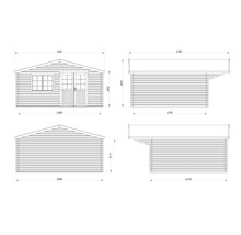 Teknisk ritning av ett trädgårdsskjul med mått