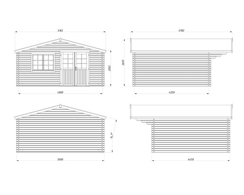 Teknisk ritning av ett trädgårdshus med mått