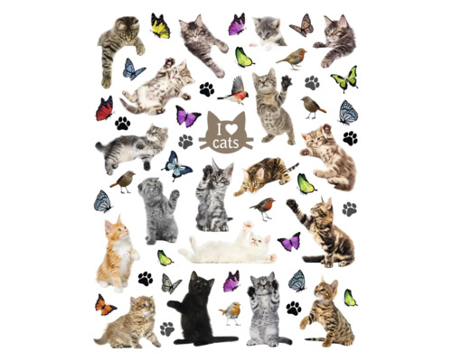 Väggdekal med katter, fjärilar, fåglar och texten Jag älskar katter