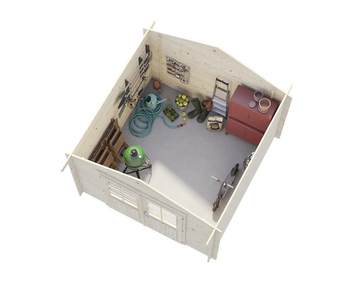 Interiör av ett trädgårdshus med trädgårdsredskap, grill och verktyg