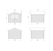 Teknisk ritning av ett trädgårdshus med mått.