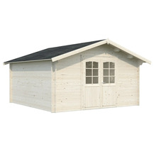 Trädgårdshus i trä med dubbeldörr och tak