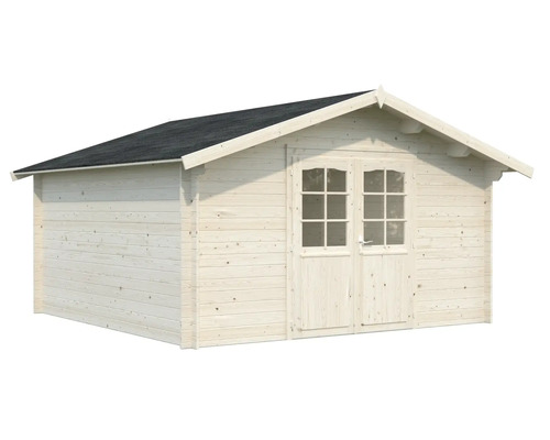 Trädgårdshus i trä med dubbeldörr och tak