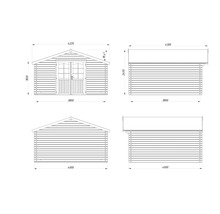 Teknisk ritning av ett trädgårdshus med mått.