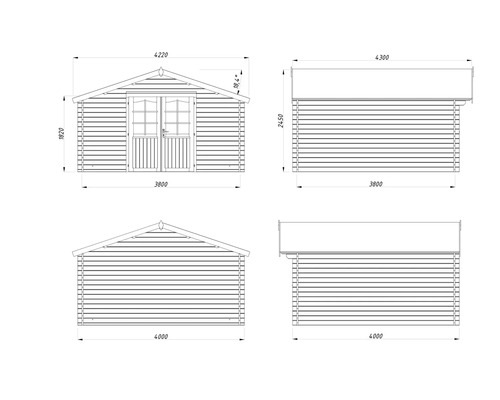 Teknisk ritning av ett trädgårdshus med mått.