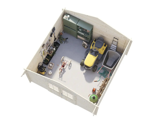 Interiörbild av ett trädgårdshus med gräsklippare, skottkärra och trädgårdsredskap