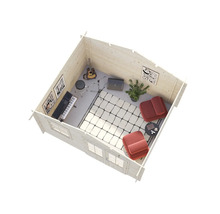 Trädgårdshus i trä som musikstudio med instrument och sittplatser