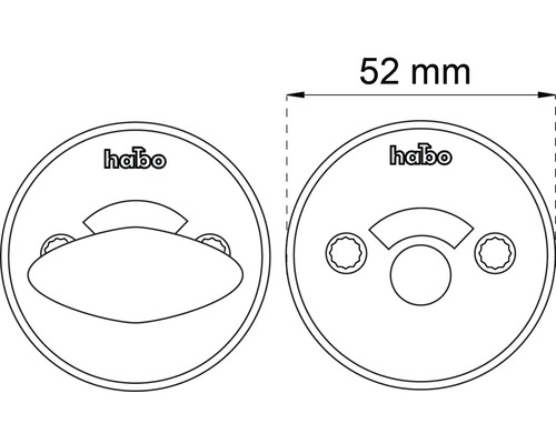 Teknisk ritning av en dörrregel med måtten 52 millimeter och Habo-logotyp