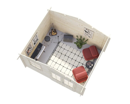 Interiörvy av ett trädgårdshus inrett som musikstudio med gitarr, keyboard, trumset, fåtöljer och matta