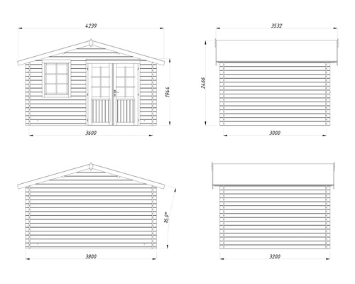 Teknisk ritning av ett trädgårdshus med dimensioner.