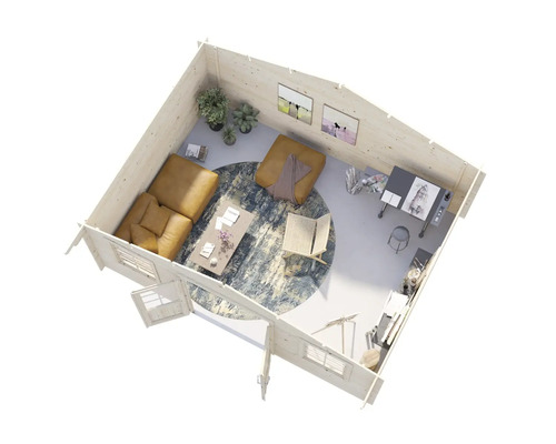 Interiör av ett trädgårdshus i trä med vardagsrum och ateljé