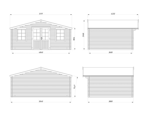 Teknisk ritning av ett trädgårdshus med mått