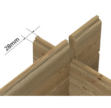 Detalj av träförbindelse med angivande av tjockleken 28 mm