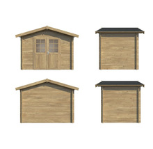 Vy av en trähus med dubbeldörr