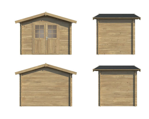 Vy av en trähus med dubbeldörr