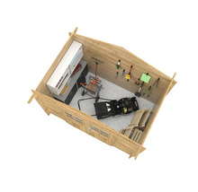 Interiör av ett trädgårdshus i trä med trädgårdsredskap, hyllor och gräsklippare