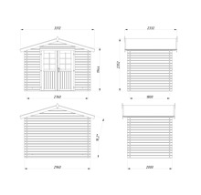 Teknisk ritning av ett trädgårdshus med mått