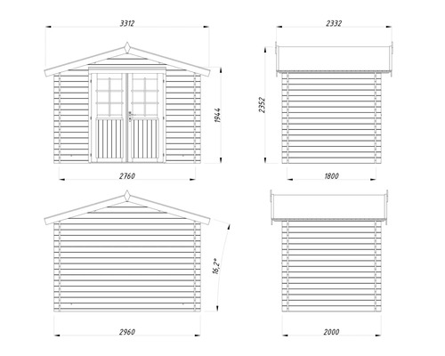Teknisk ritning av ett trädgårdshus med mått