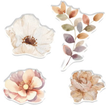 Illustration av fyra blommor och en gren med blad