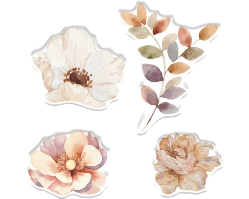 Illustration av fyra blommor och en gren med blad