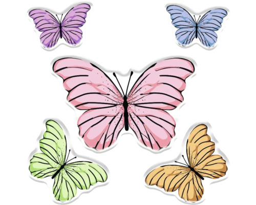 Fem fjärilar i olika nyanser.