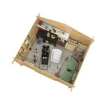 Interiör av ett trädgårdshus i trä med arbetsbänk, verktyg och trädgårdsredskap för förvaring