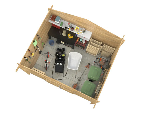 Interiör av ett trädgårdshus i trä med arbetsbänk, verktyg och trädgårdsredskap för förvaring